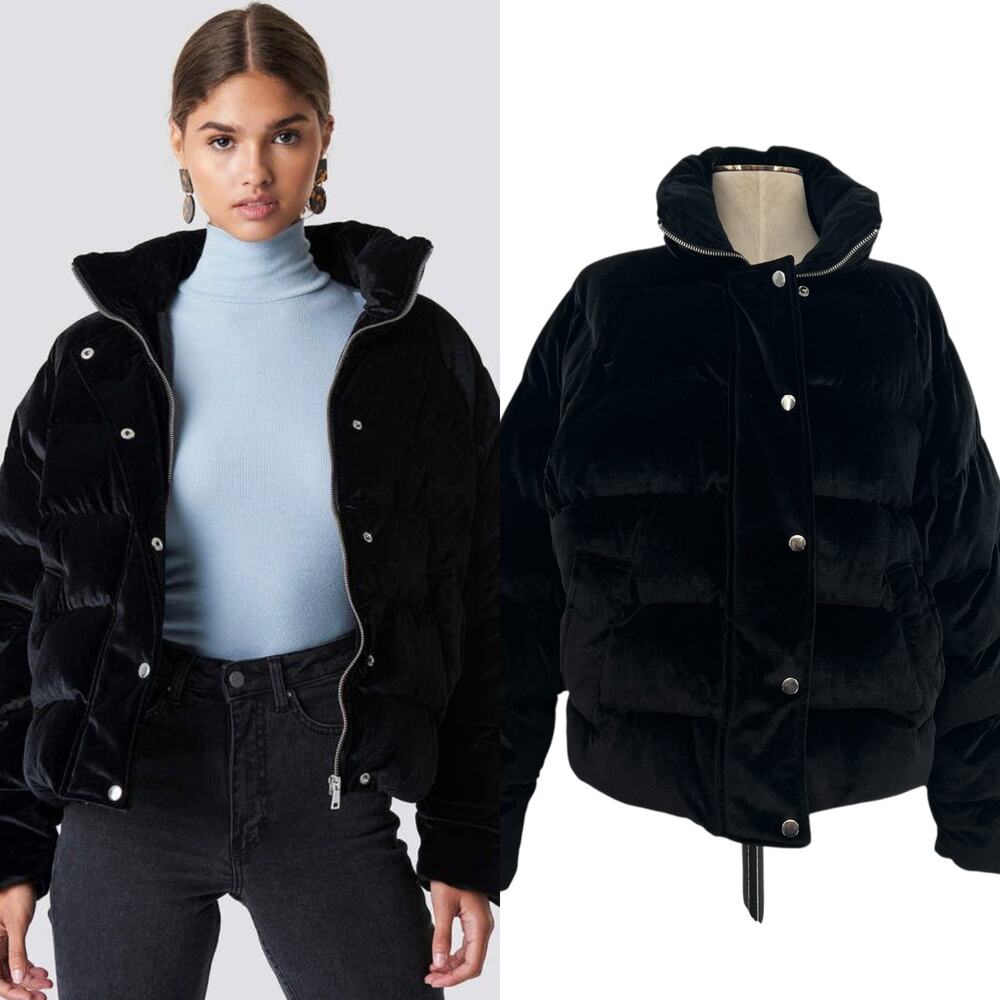 Na-kd Velvet Puffer Jacket Quilted Zip Black Size 36‎ US 6